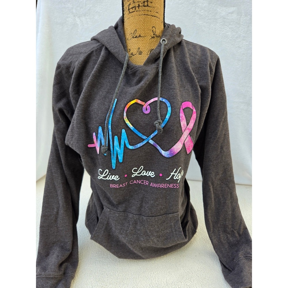 Women Breast Cancer Awareness‎ Hoodie Medium Grey Live Love Hope Soft Fleece